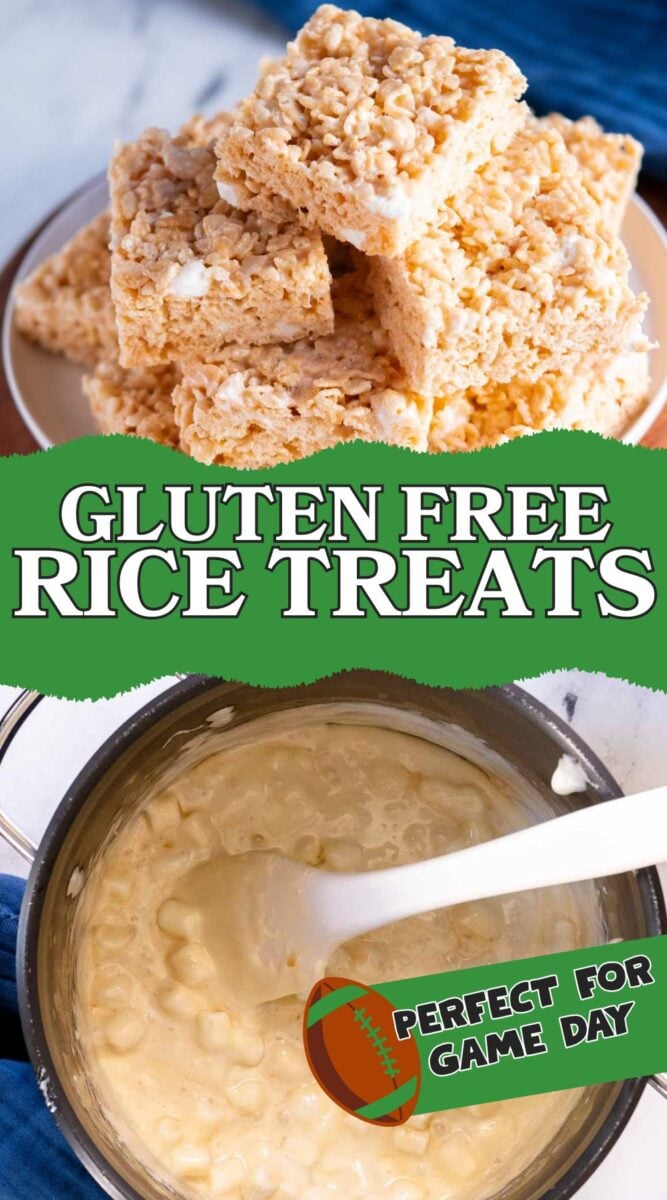 A plate of stacked gluten free rice krispy treats sits above a pot of melted marshmallows being mixed, with text promoting them as perfect for game day.