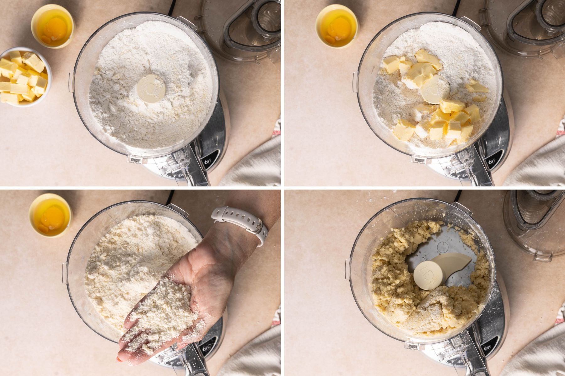 A four-step collage shows flour in a food processor, cold butter added, mixture crumbled by hand, and a dough forming; an egg and butter are also pictured on the counter.