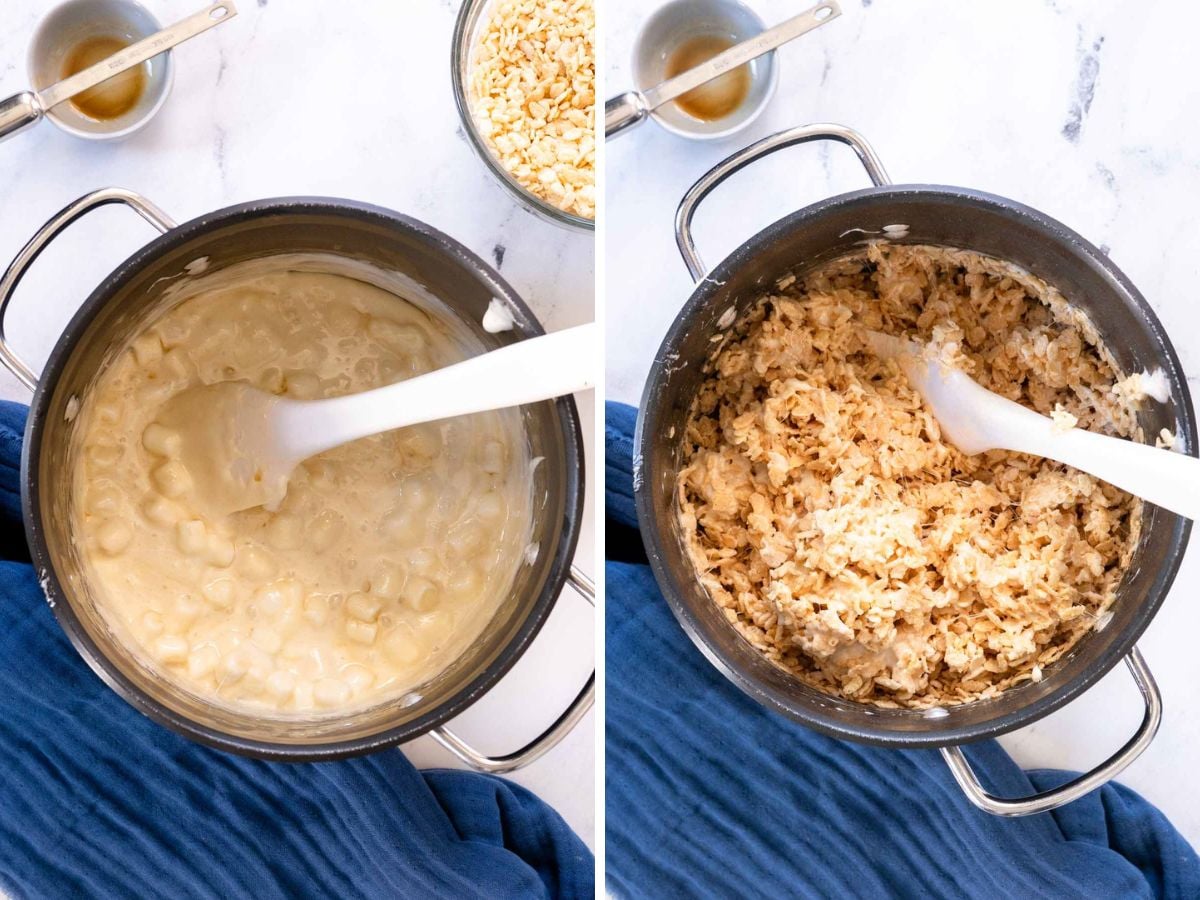 Two side-by-side images show a pot with melted marshmallows being stirred on the left, and gluten free Rice Krispy treats coming together as rice cereal is mixed in on the right.