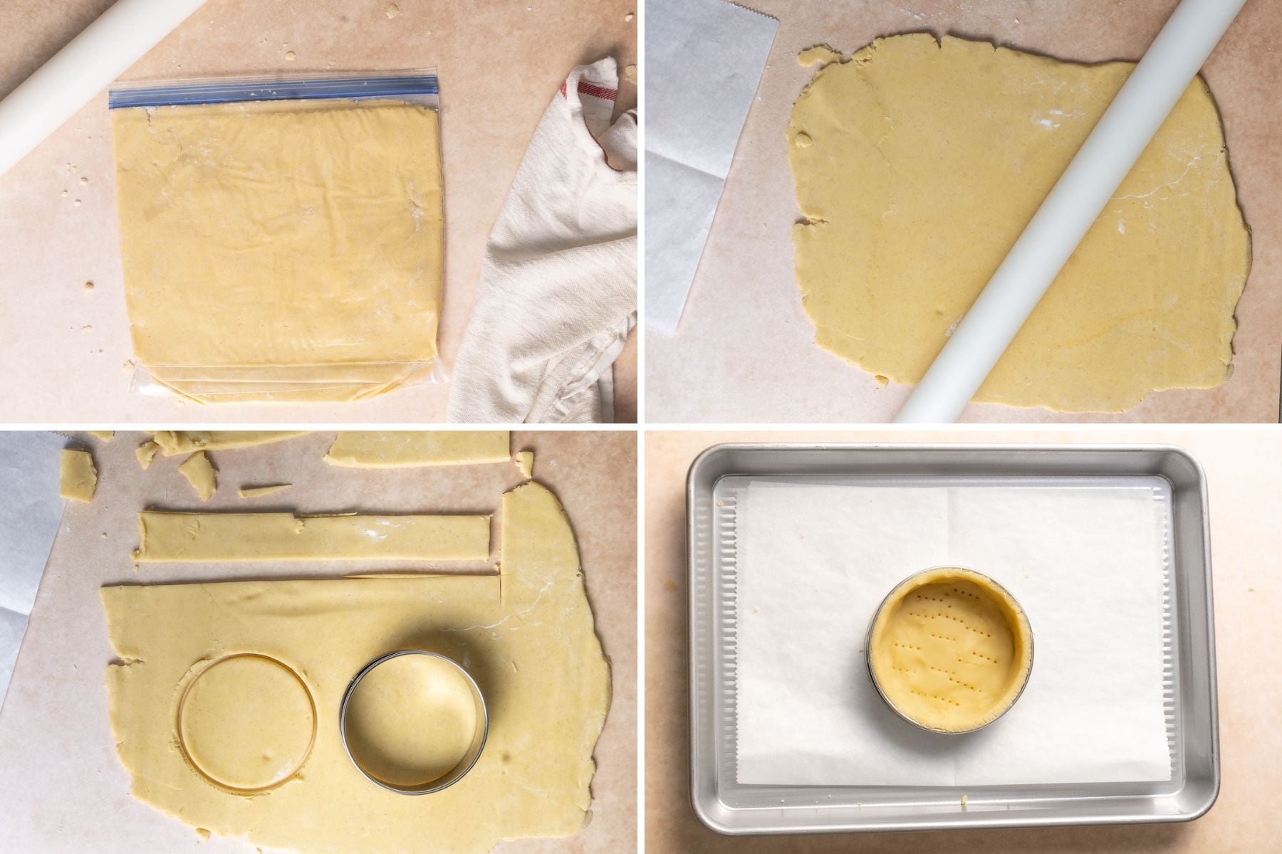 Four-step process of preparing dough: chilling in a bag, rolling out with a pin, cutting circles with a cutter, and placing shaped dough in a pan with parchment paper.