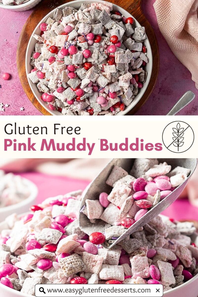 A bowl and scoop of gluten free Pink Valentine Muddy Buddies snack mix with chocolate, cereal, and pink candies on a pink background. Text on the image promotes the gluten free recipe.