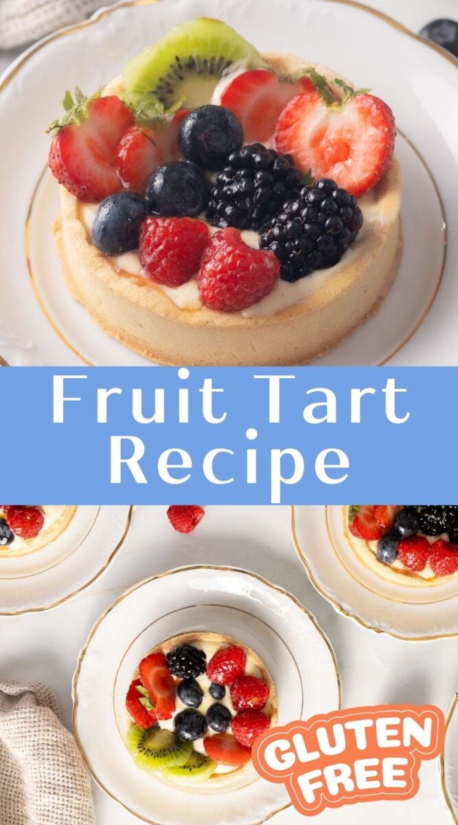 A small fruit tart topped with strawberries, blueberries, raspberries, blackberries, and kiwi on a plate, labeled as a gluten-free recipe.