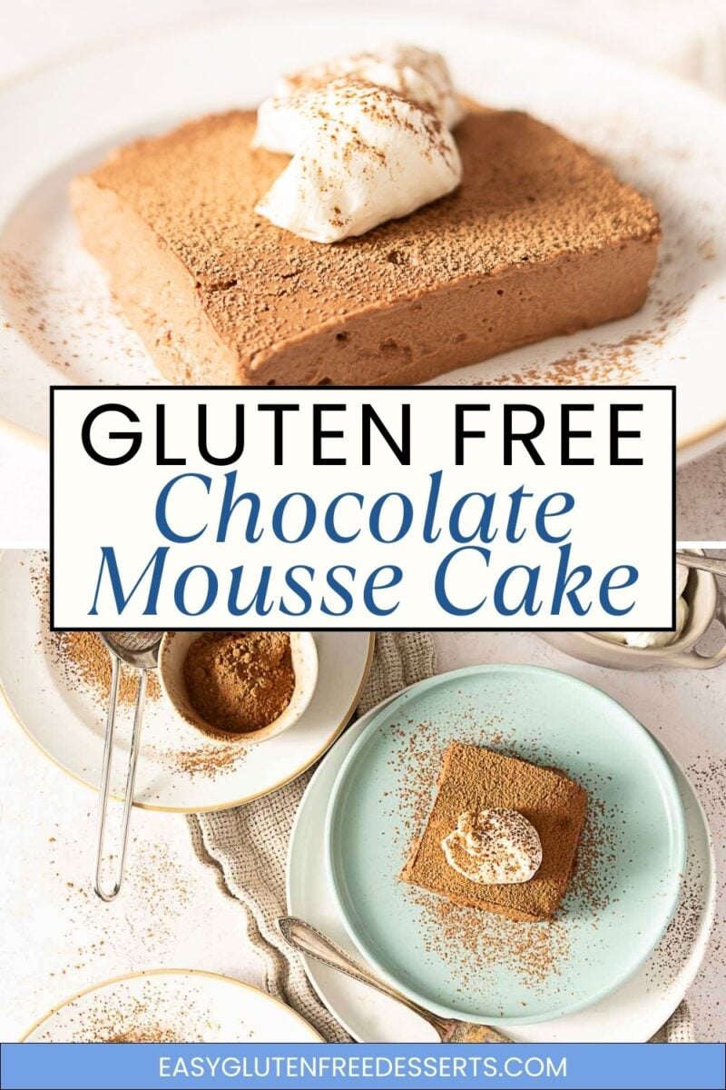 A slice of rich 3 ingredient chocolate cake topped with whipped cream and cocoa powder on a plate, shown from two angles with utensils and a bowl of cocoa powder nearby.