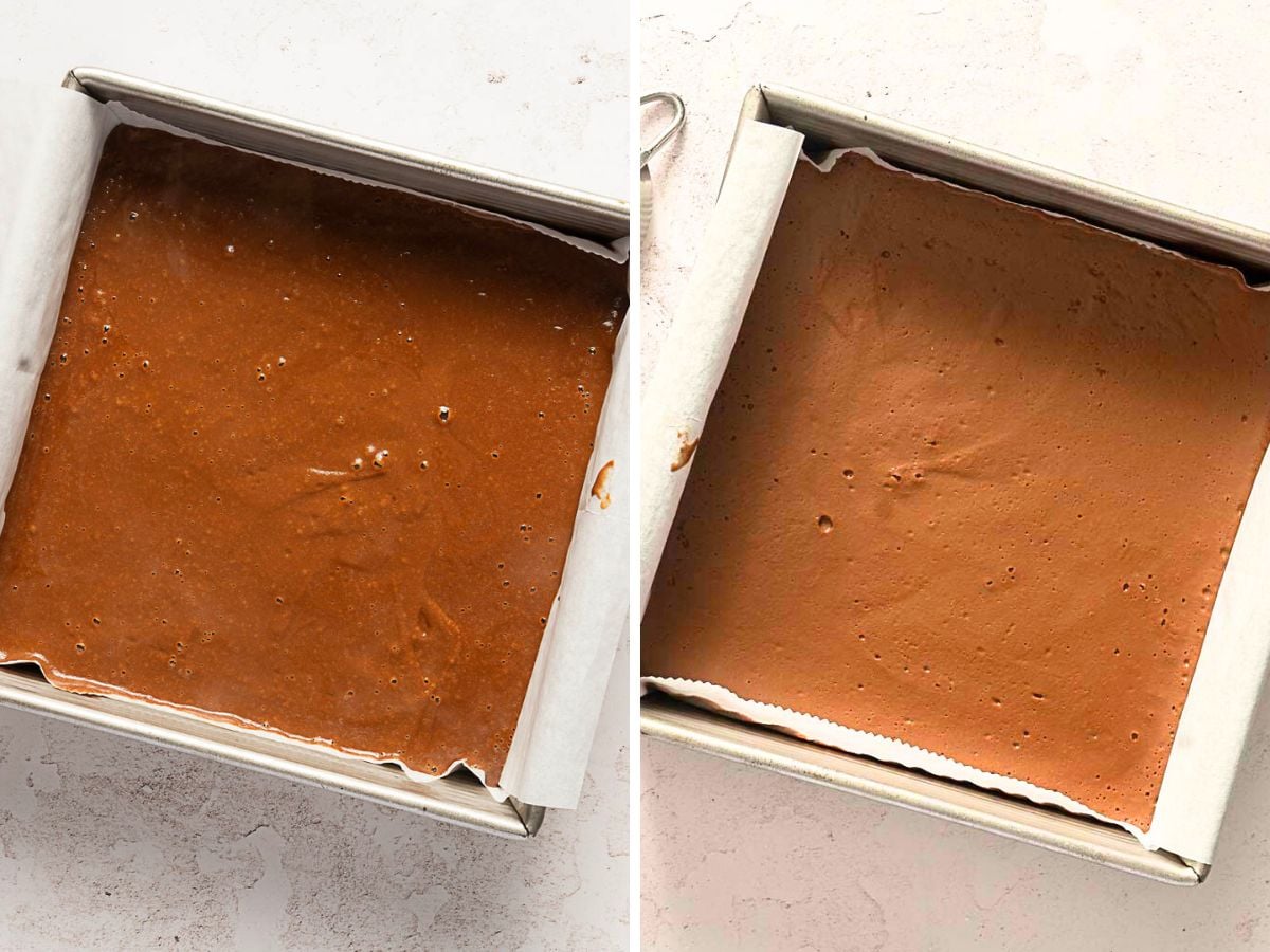 Side-by-side images of a square baking pan lined with parchment paper, showing a simple 3 ingredient chocolate cake batter before baking and the finished chocolate cake after.