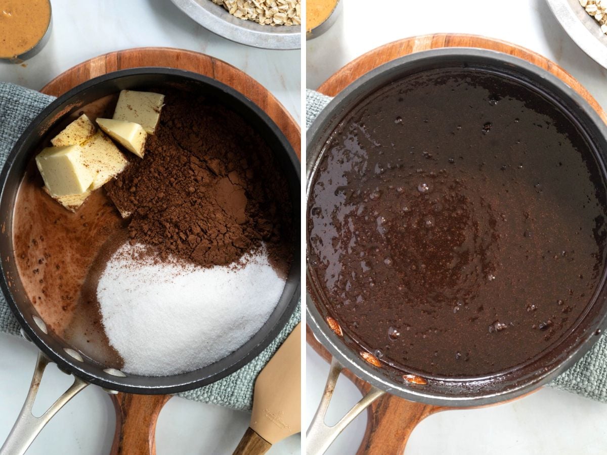 Side-by-side images showing the beginnings of Gluten-Free No Bake Cookies: a saucepan with butter, cocoa powder, sugar, and milk before and after being melted into a smooth chocolate mixture.