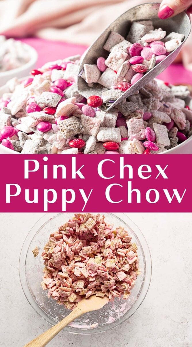 A scoop of Pink Muddy Buddies Puppy Chow with pink and red candies, above a bowl of coated cereal pieces, makes the perfect Valentine snack on a white surface.