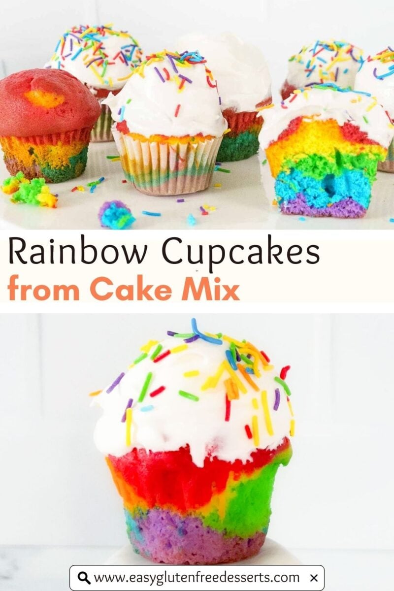 Colorful rainbow cupcakes with white frosting and rainbow sprinkles, made from cake mix, displayed on a white surface.