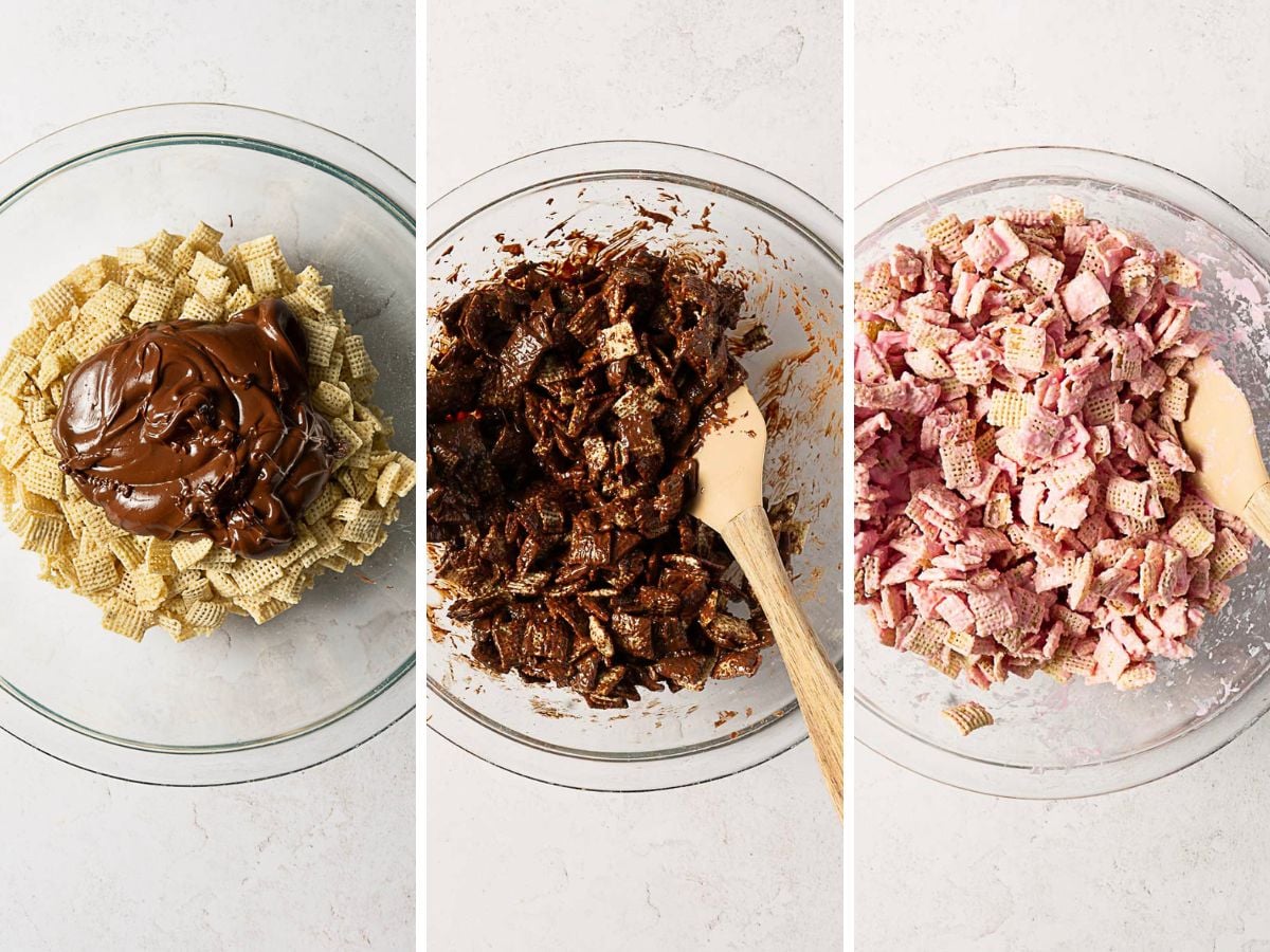 Three side-by-side photos show cereal in a bowl being mixed with chocolate and then coated with powdered sugar using a spatula, creating a treat as easy as a 3 ingredient cake.