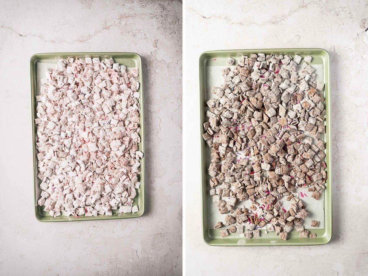 Side-by-side images of two baking sheets; the left holds light-colored, powdered cubes, while the right has darker, cocoa-coated cubes-both simple 3 ingredient cake bites displayed on a light countertop.