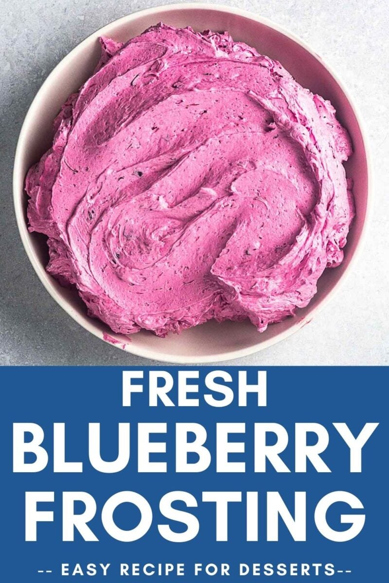 Bowl filled with thick, purple blueberry frosting on a light surface; text below reads "Fresh Blueberry Frosting - Easy Recipe for Desserts.