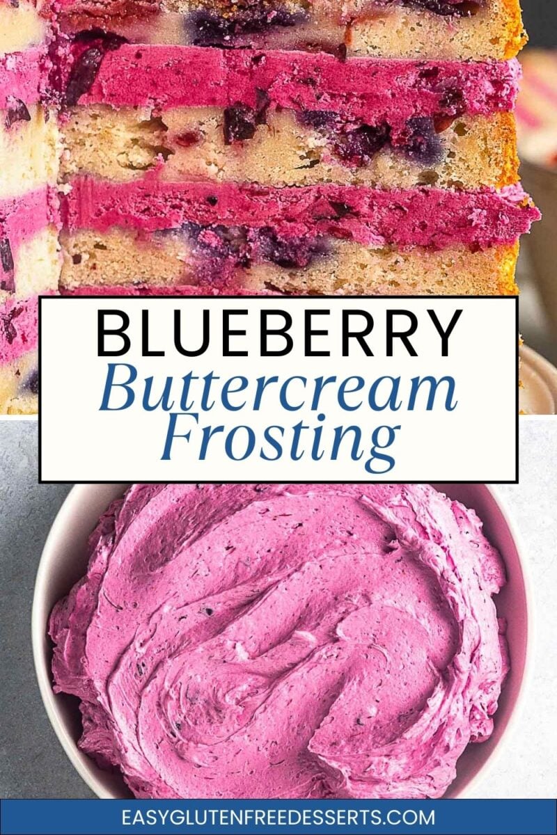 Close-up of a layered cake with blueberry buttercream frosting on top and a bowl of purple blueberry buttercream frosting below. Text overlay reads "Blueberry Buttercream Frosting.
