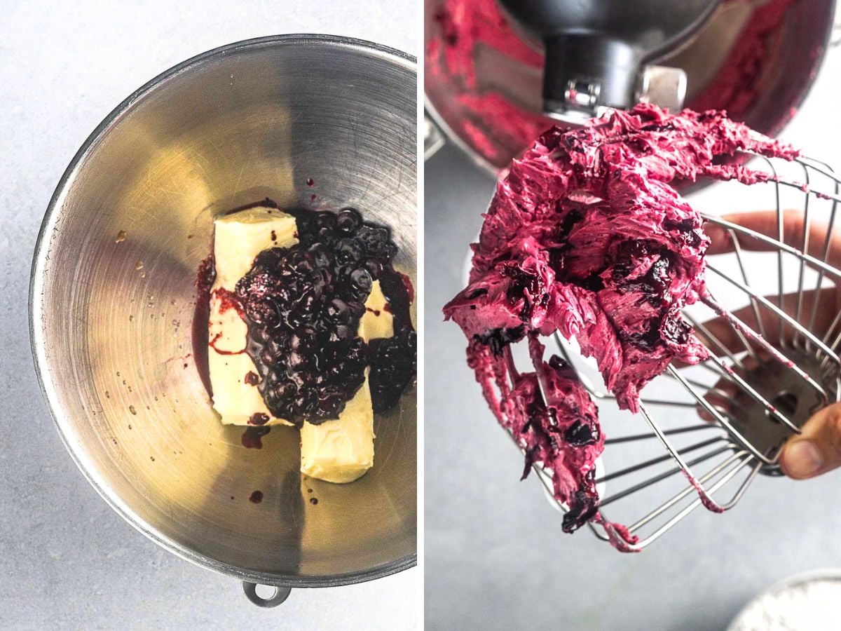A mixing bowl alongside a bowl of butter and delicious blueberry frosting, ready for your baking creations.