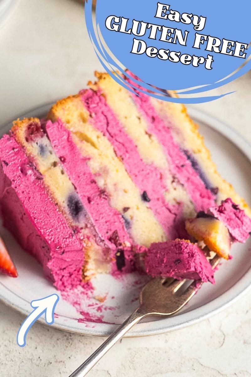 A slice of layered gluten-free cake with pink and vanilla filling sits on a plate with a fork; text overlay reads "Easy GLUTEN FREE Dessert.
