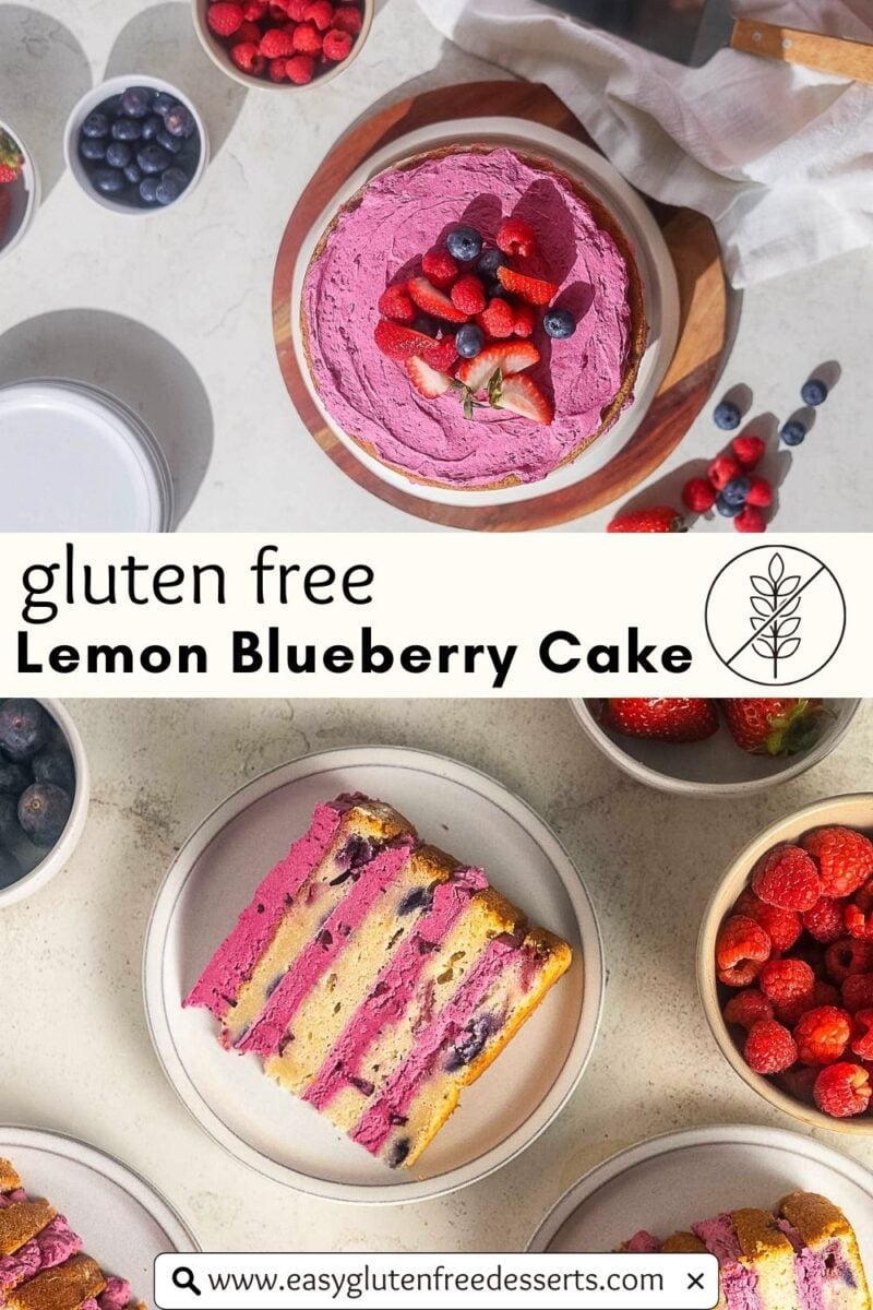 Top-down view of a gluten-free lemon blueberry cake with purple frosting and berries, sliced and served on plates, surrounded by bowls of fresh berries.