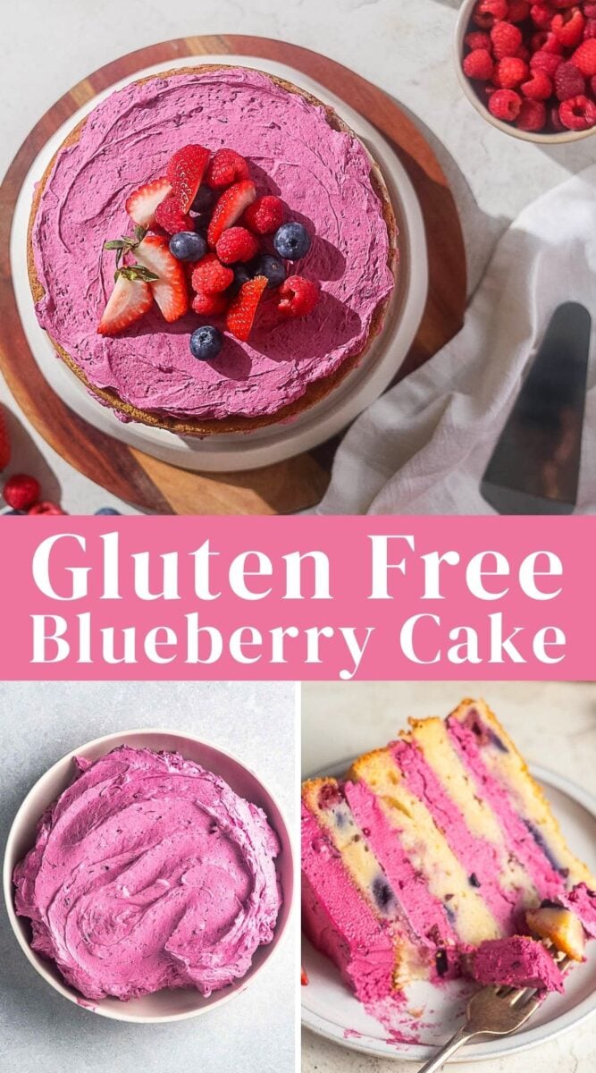 A gluten-free blueberry cake with pink frosting, topped with fresh strawberries and berries, shown whole, sliced, and with a bowl of frosting.
