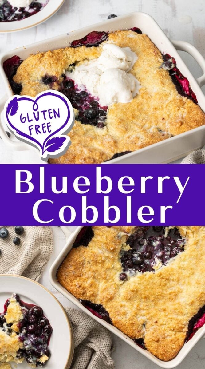 Top-down view of a gluten free blueberry cobbler in a white dish, topped with ice cream and a serving plated nearby. Text reads "Blueberry Cobbler.