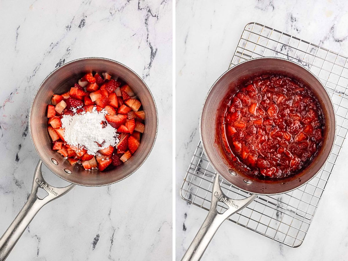 Side-by-side images: left shows chopped strawberries and white powder in a saucepan; right shows cooked strawberry mixture in the same pan on a cooling rack.