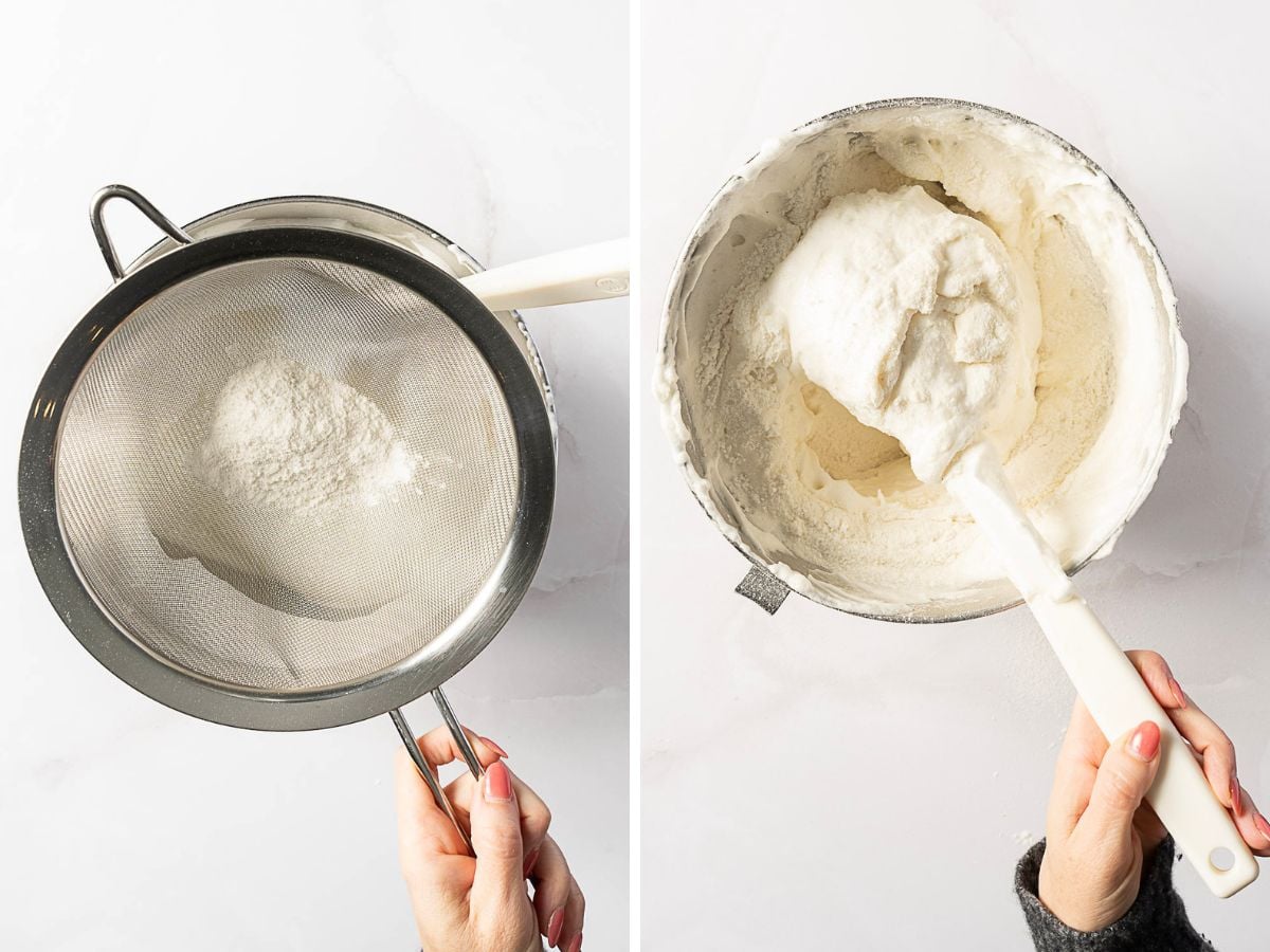 Two images side by side: one shows flour being sifted through a mesh strainer, and the other shows a spatula mixing a fluffy white batter in a bowl.