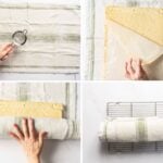 Four-step process showing a gluten free sponge roll being dusted, lifted, rolled in a towel, and cooling on a wire rack.