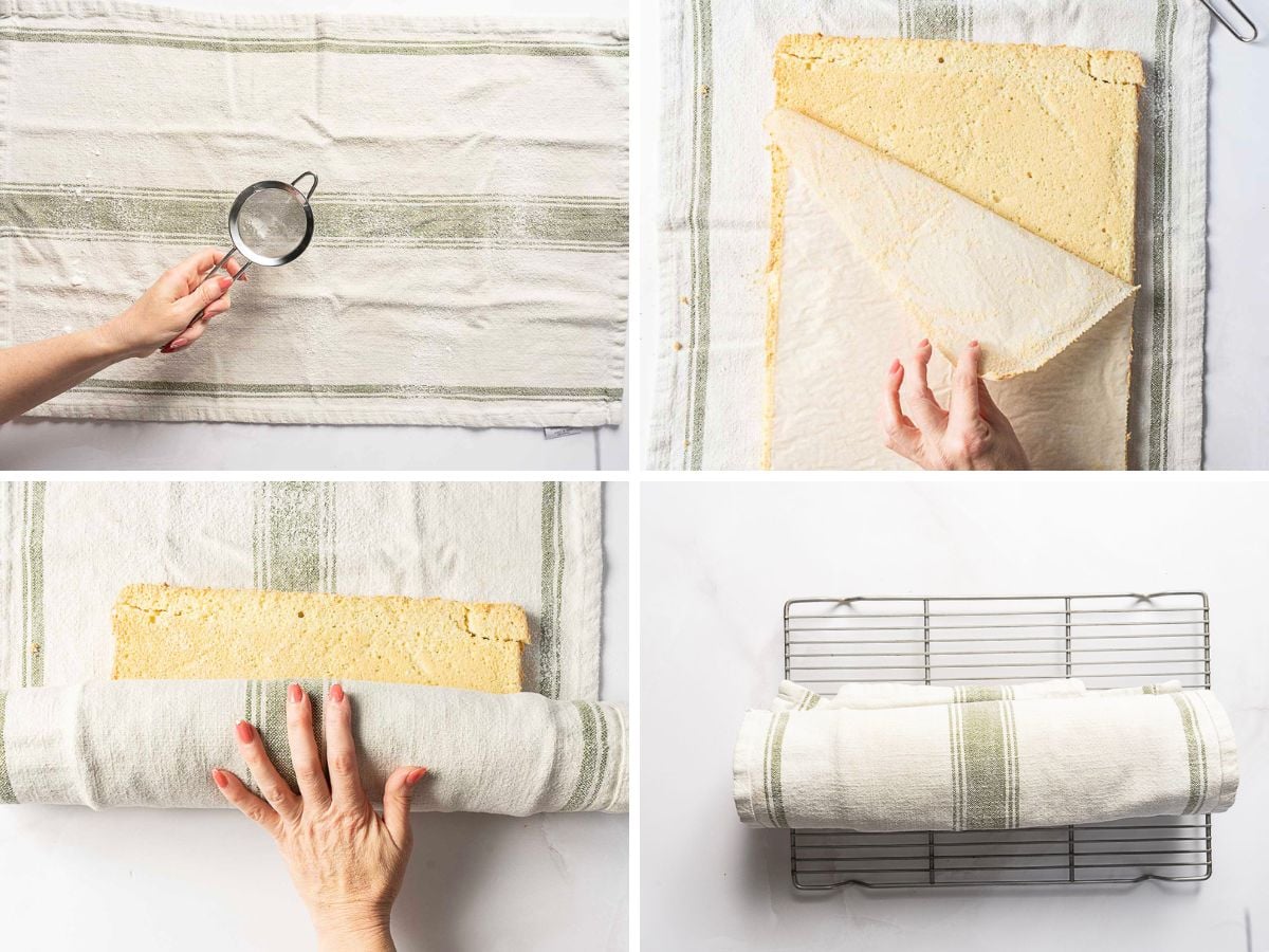 Four-step process showing a gluten free sponge roll being dusted, lifted, rolled in a towel, and cooling on a wire rack.