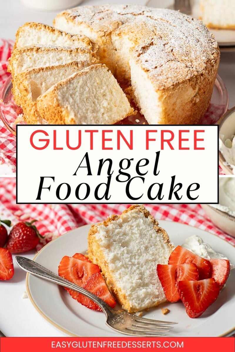 A sliced Gluten Free Angel Food Cake on a plate with strawberries and whipped cream, with the whole Gluten Free Angel Food Cake in the background.
