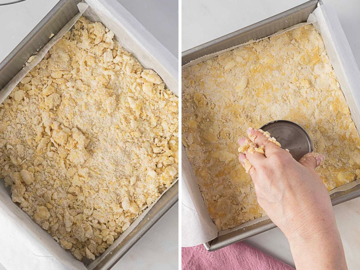 Side-by-side images of a baking pan: on the left, loose crumbly dough; on the right, a hand pressing dough flat in the pan with a metal measuring cup.