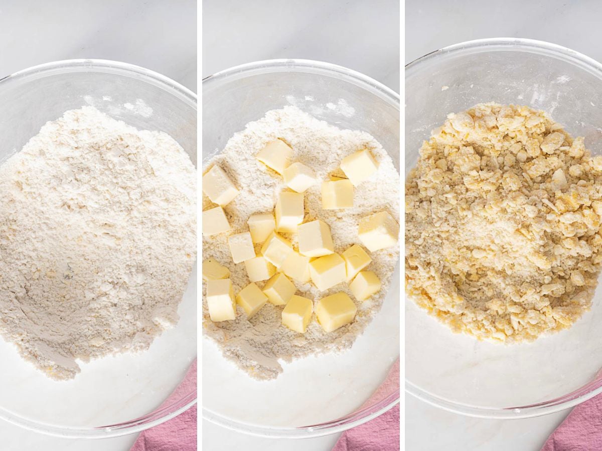 Three side-by-side bowls showing stages of making pastry dough: flour mixture, flour with cubed butter, and combined crumbly dough.