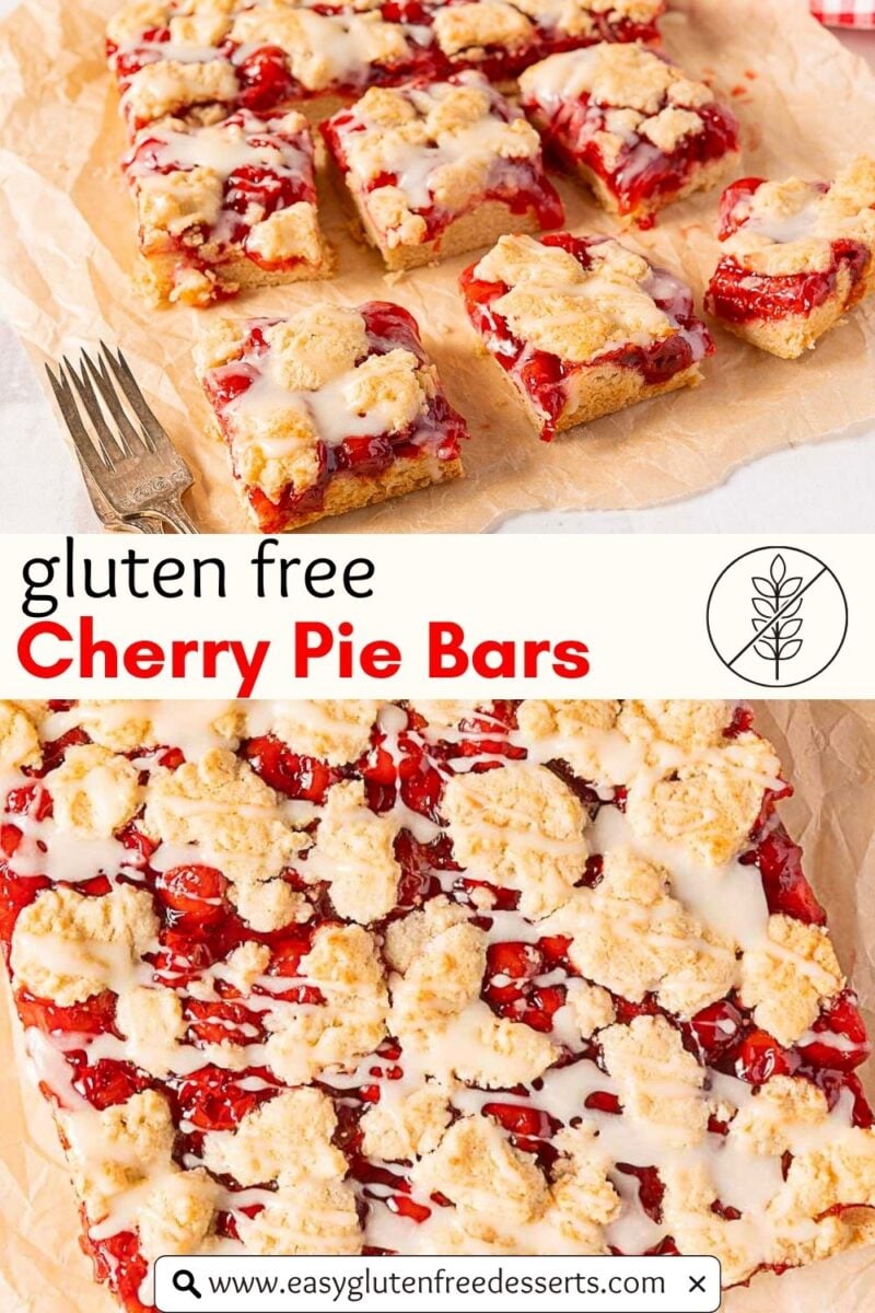 Gluten free cherry pie bars with a crumbly topping and sweet glaze, cut into squares on parchment paper.
