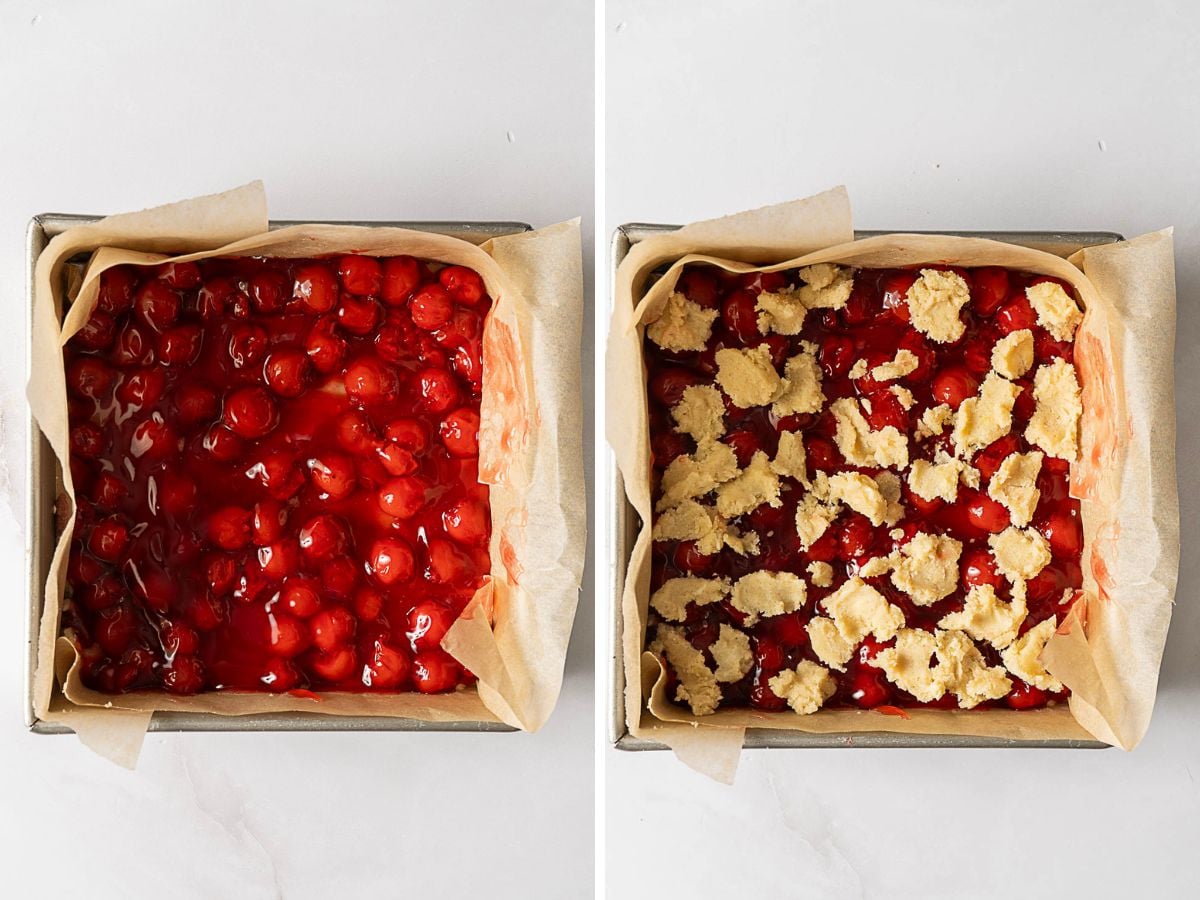 Side-by-side images of a square pan lined with parchment: left shows cherry filling, right shows cherry filling topped with dollops of crumbly dough, both on a white surface.