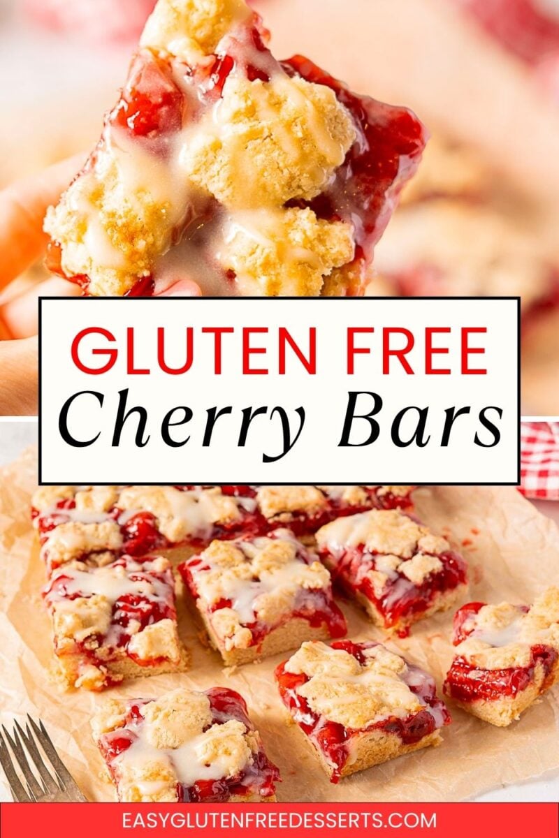 A close-up of gluten free cherry pie bars with icing, shown both held in hand and arranged on parchment paper. Text overlay reads "Gluten Free Cherry Bars.
