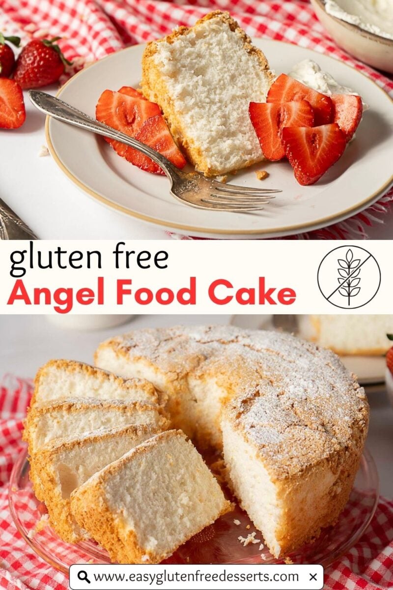 A sliced Gluten Free Angel Food Cake on a plate with strawberries, served beside a fork and red checked napkin. Text reads "Gluten Free Angel Food Cake" with a website link displayed.