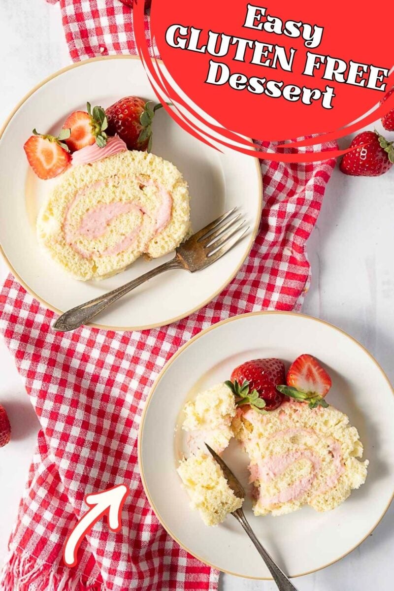 Two plates with slices of rolled cake filled with pink cream, each served with strawberries, on a red-checked cloth. Text overlay reads “Easy GLUTEN FREE Dessert.”.