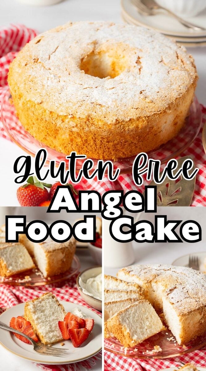 A round Gluten Free Angel Food Cake on a plate, with sliced pieces served alongside strawberries and whipped cream for a delightful, airy treat.
