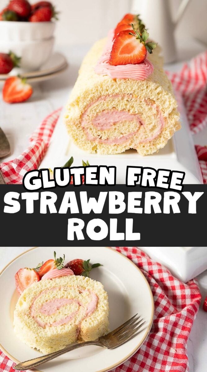 A gluten-free strawberry Swiss roll filled with pink cream, garnished with strawberries, on a white plate with a red checkered cloth.