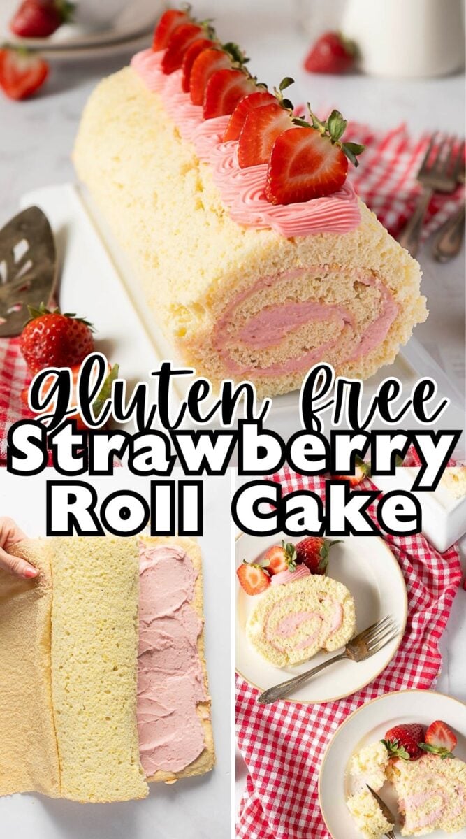 A gluten-free strawberry roll cake shown whole with pink frosting and strawberries, being assembled, and sliced on a plate with a fork on a red checkered napkin.