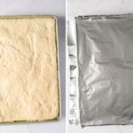 A rectangular baking pan with an unbaked crust on the left; the same pan covered with aluminum foil on the right.