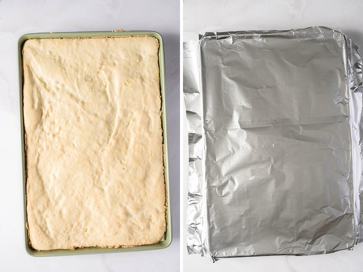 A rectangular baking pan with an unbaked crust on the left; the same pan covered with aluminum foil on the right.