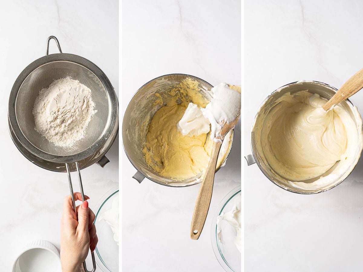 Three-step process of baking: sifting flour, folding whipped egg whites into batter, and mixing until smooth in metal bowls on a white surface.