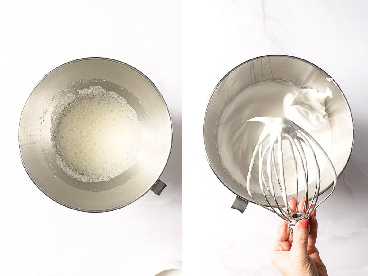 Side-by-side images of a mixing bowl with foamy egg whites on the left and stiffly whipped egg whites with a whisk attachment on the right.