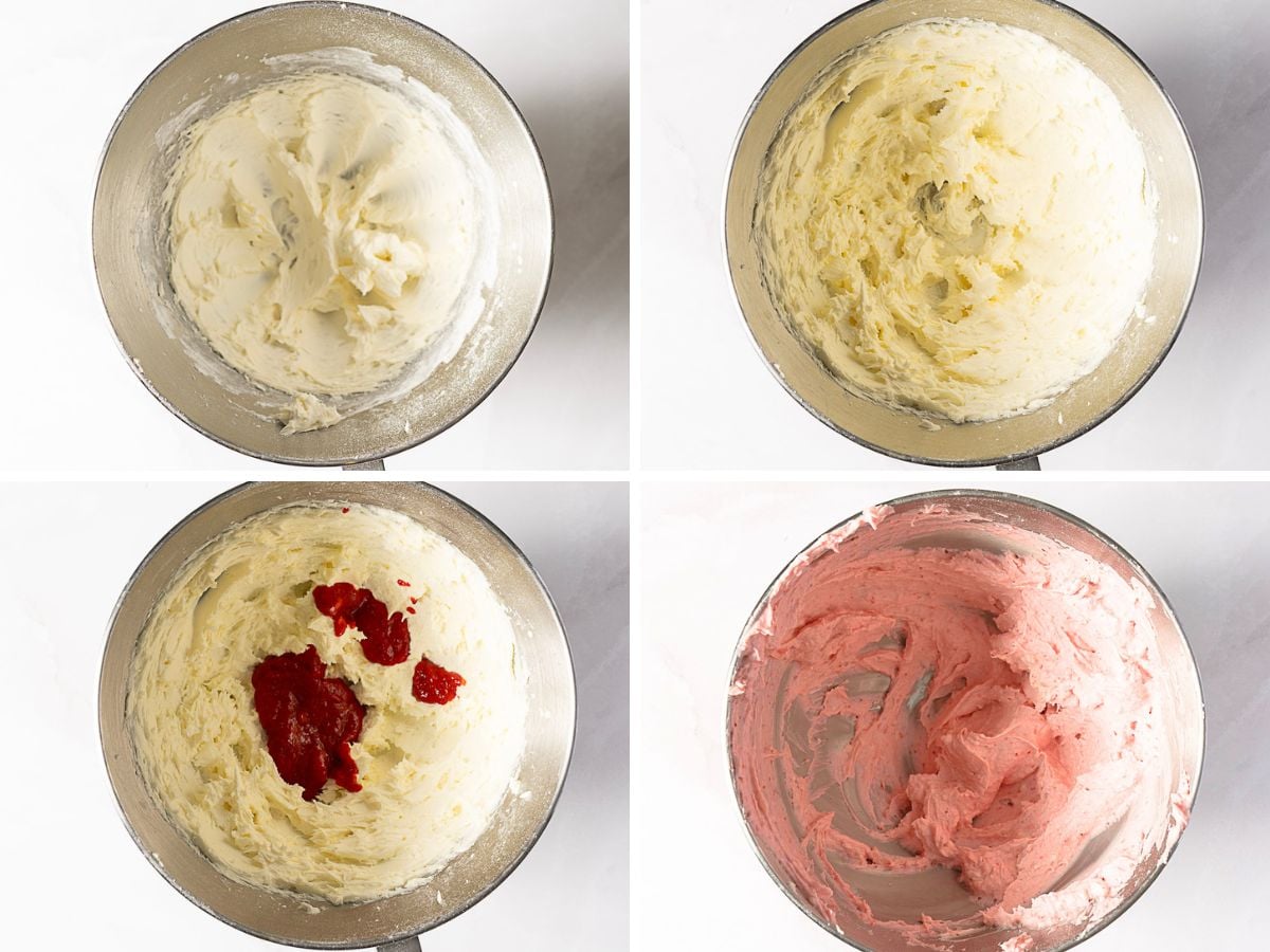 Four mixing bowls showing buttercream in stages: plain, whipped, with strawberry puree added, and finished pink strawberry buttercream.