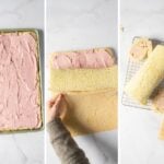 Three-step process of making a cake roll: spreading pink filling on cake, rolling the cake with filling, and the finished rolled cake on a cooling rack.