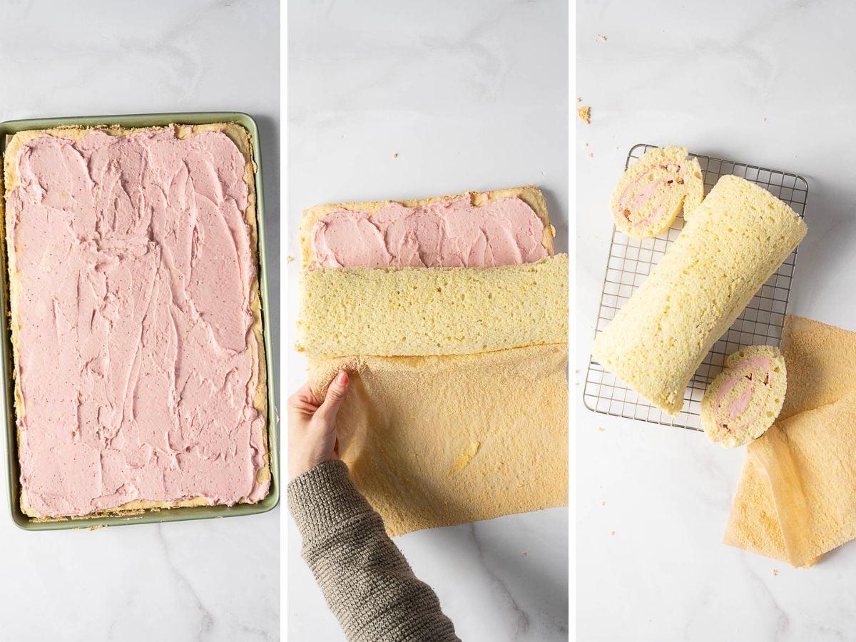 Three-step process of making a cake roll: spreading pink filling on cake, rolling the cake with filling, and the finished rolled cake on a cooling rack.