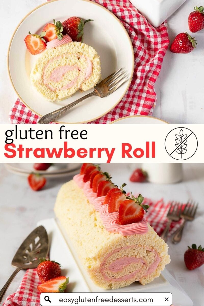 A sliced gluten-free strawberry roll cake with pink filling, topped with strawberries and frosting, served on a plate with a fork, and surrounded by fresh strawberries.