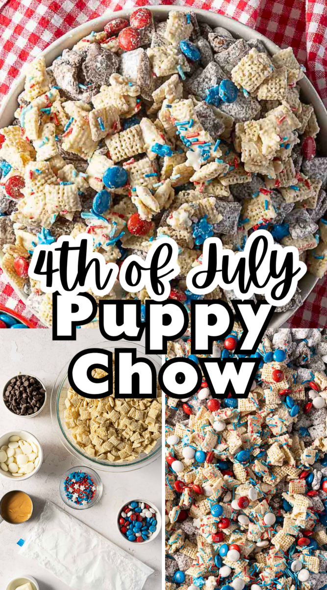 A bowl and tray of 4th of July-themed puppy chow snack mix with Chex cereal, chocolate, white coating, and red, white, and blue candies, shown with ingredients on a red checkered cloth.