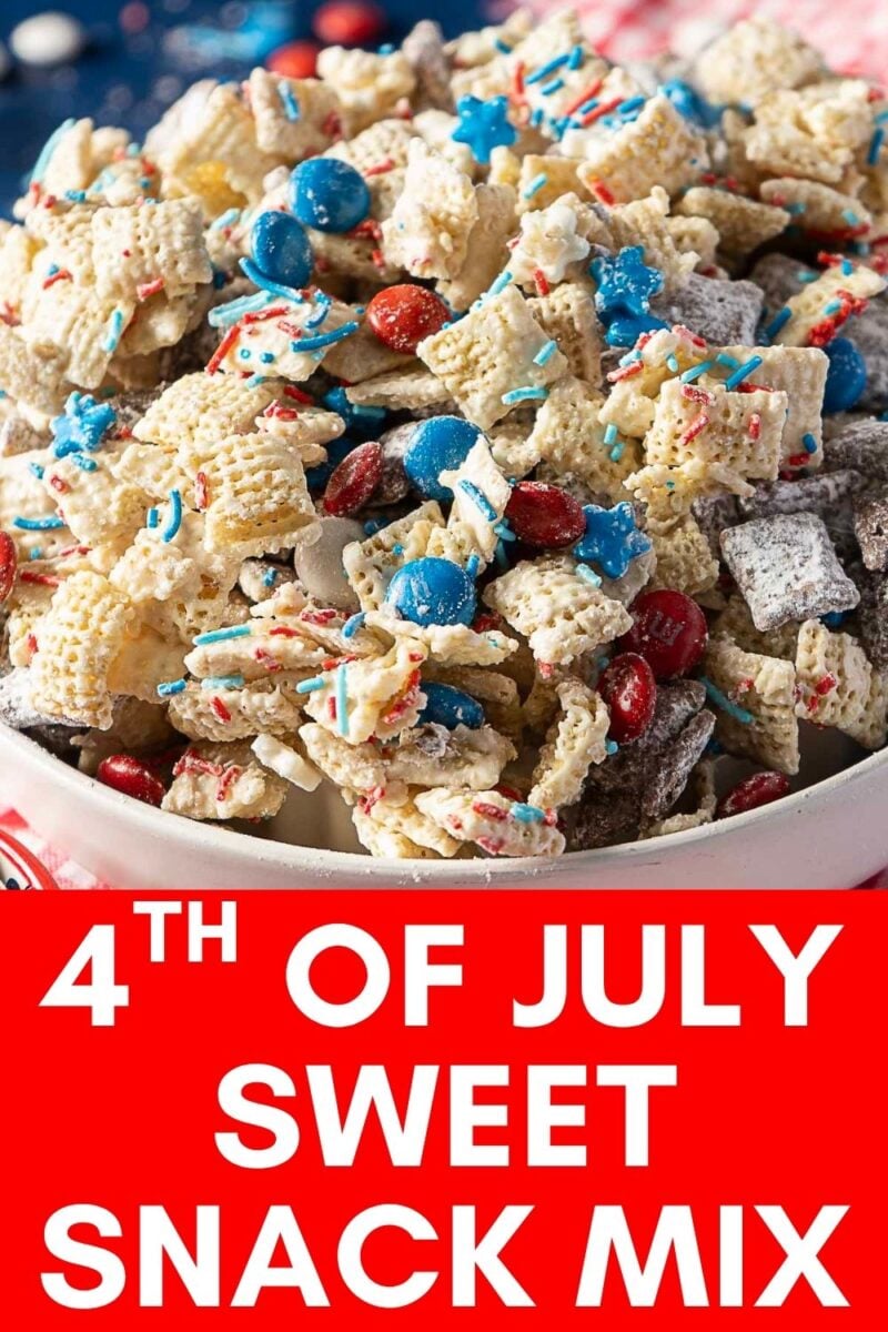 A bowl of sweet snack mix with Chex cereal, red, white, and blue candies, star-shaped sprinkles, and powdered sugar. Text reads: "4th of July Sweet Snack Mix.