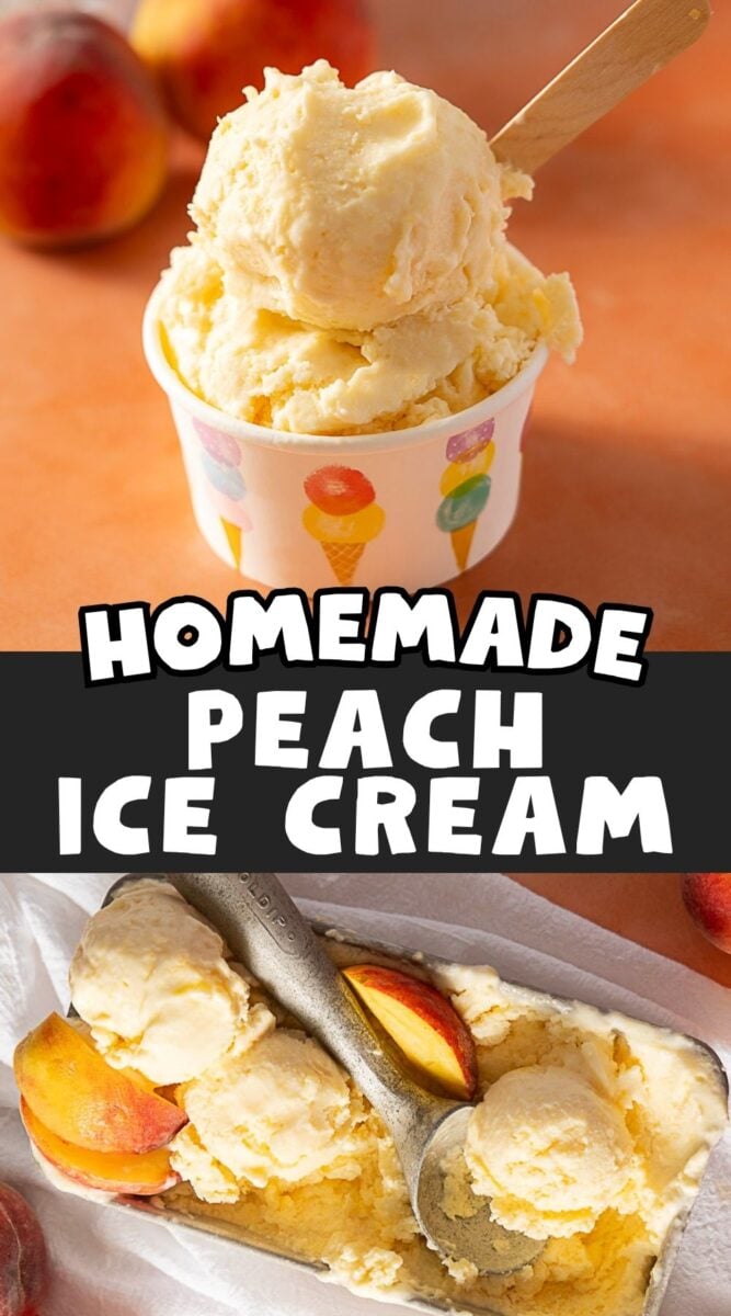 A cup and a container of homemade peach ice cream, scooped and served with fresh peach slices and a metal ice cream scoop on a peach-colored surface.