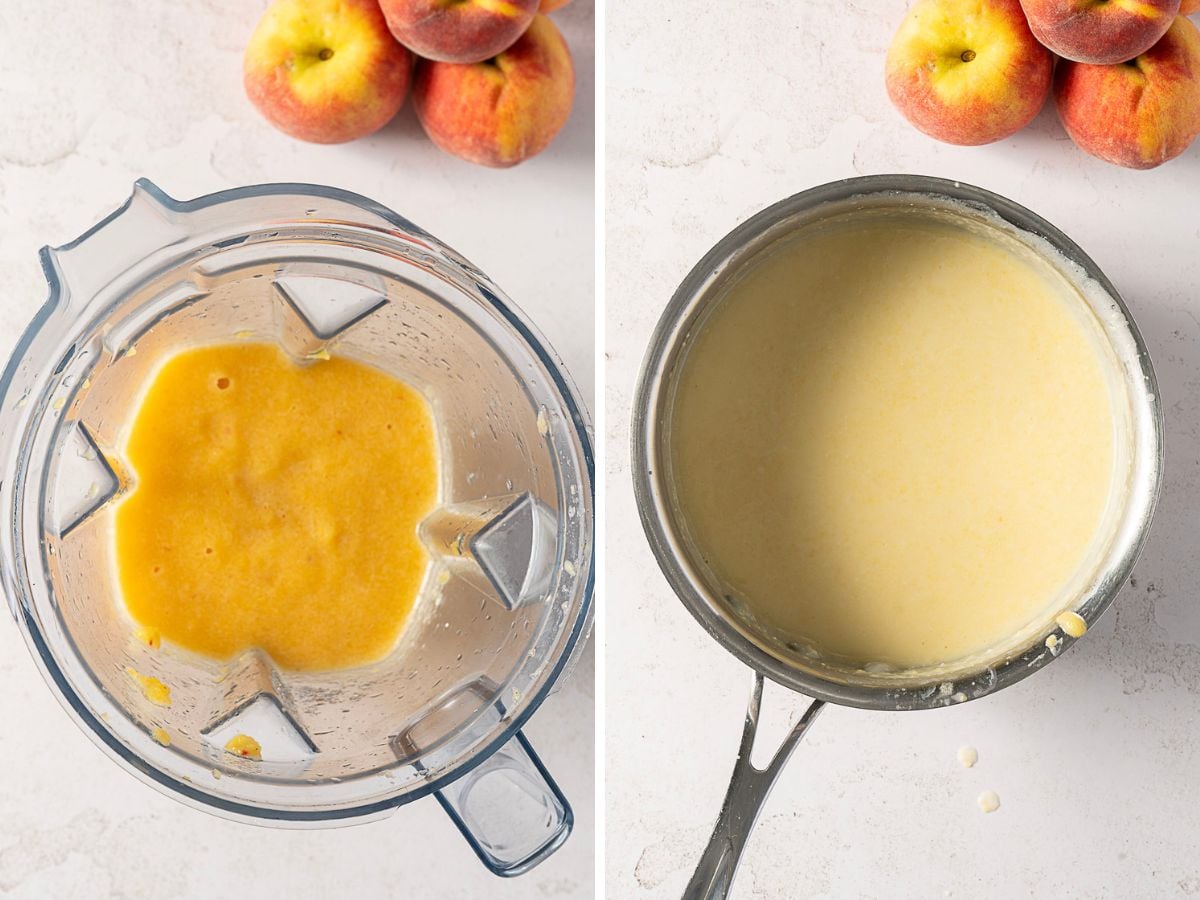 Side-by-side images showing blended peach mixture in a blender on the left and a thickened creamy mixture in a saucepan on the right, with whole peaches nearby.