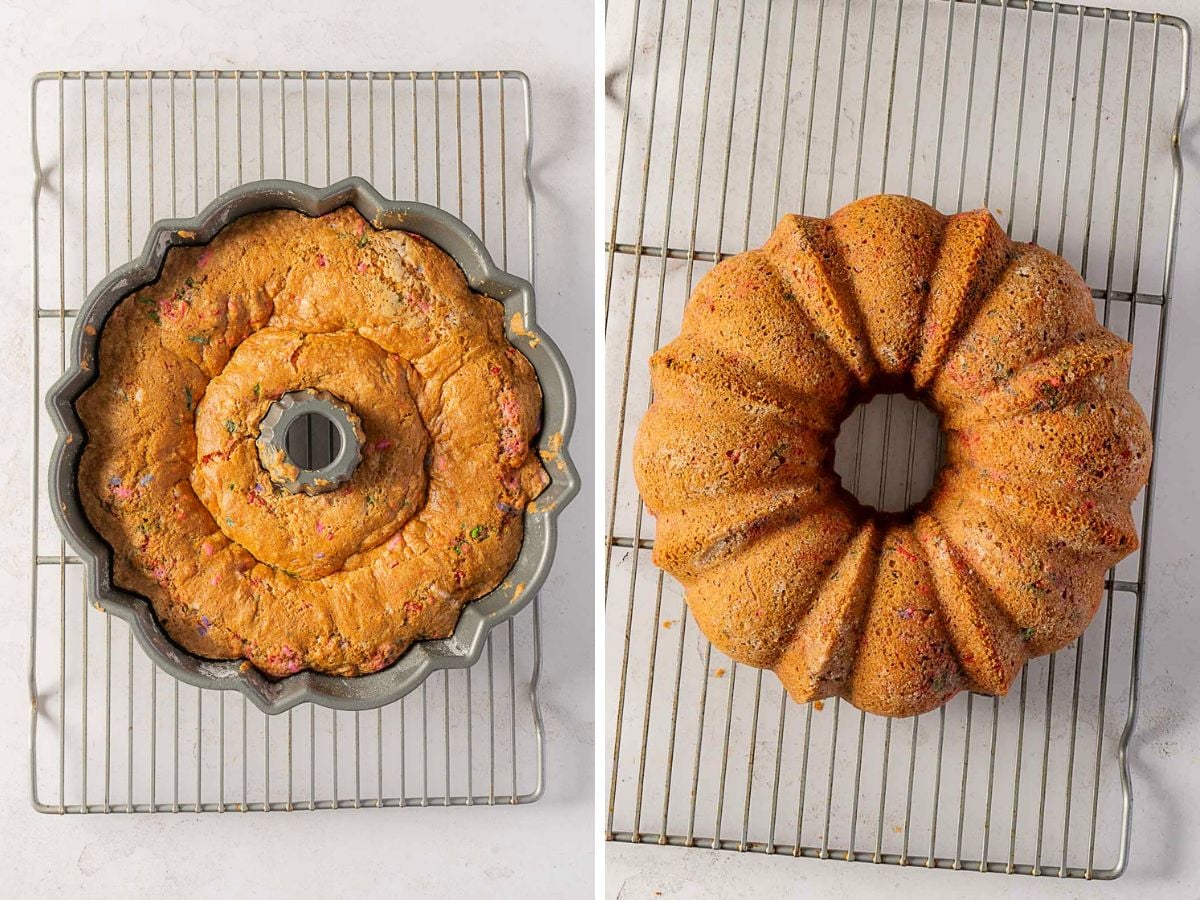 Two side-by-side images show a bundt cake: one still in the baking pan and one cooled and removed, both on wire racks.