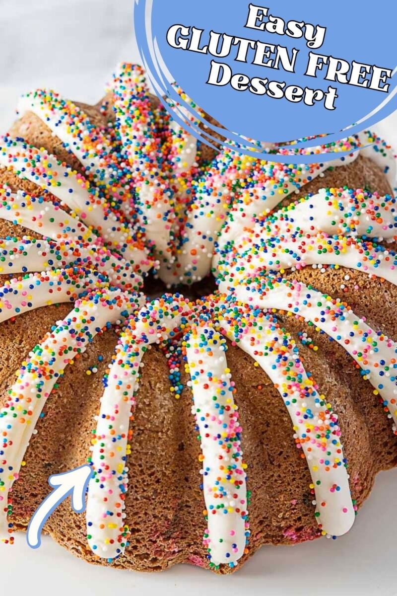 A gluten-free bundt cake topped with white icing drizzles and colorful sprinkles, with text overlay reading "Easy GLUTEN FREE Dessert.