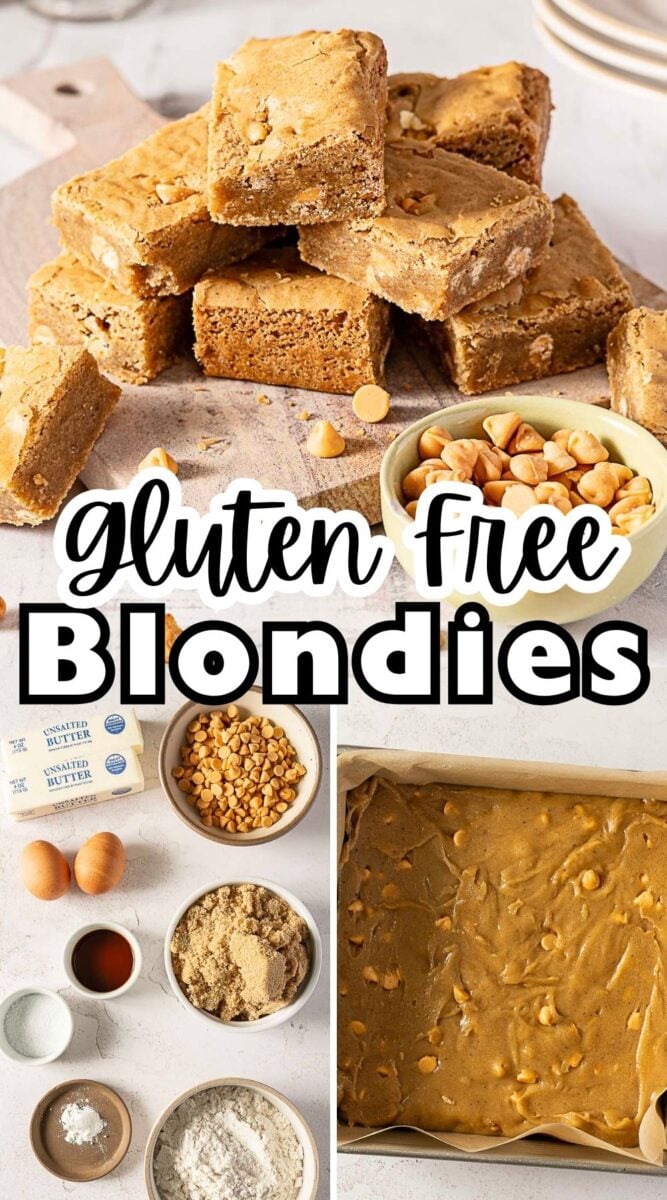 A stack of gluten-free blondies with white chocolate chips, ingredients displayed in bowls, and batter spread in a parchment-lined baking pan.